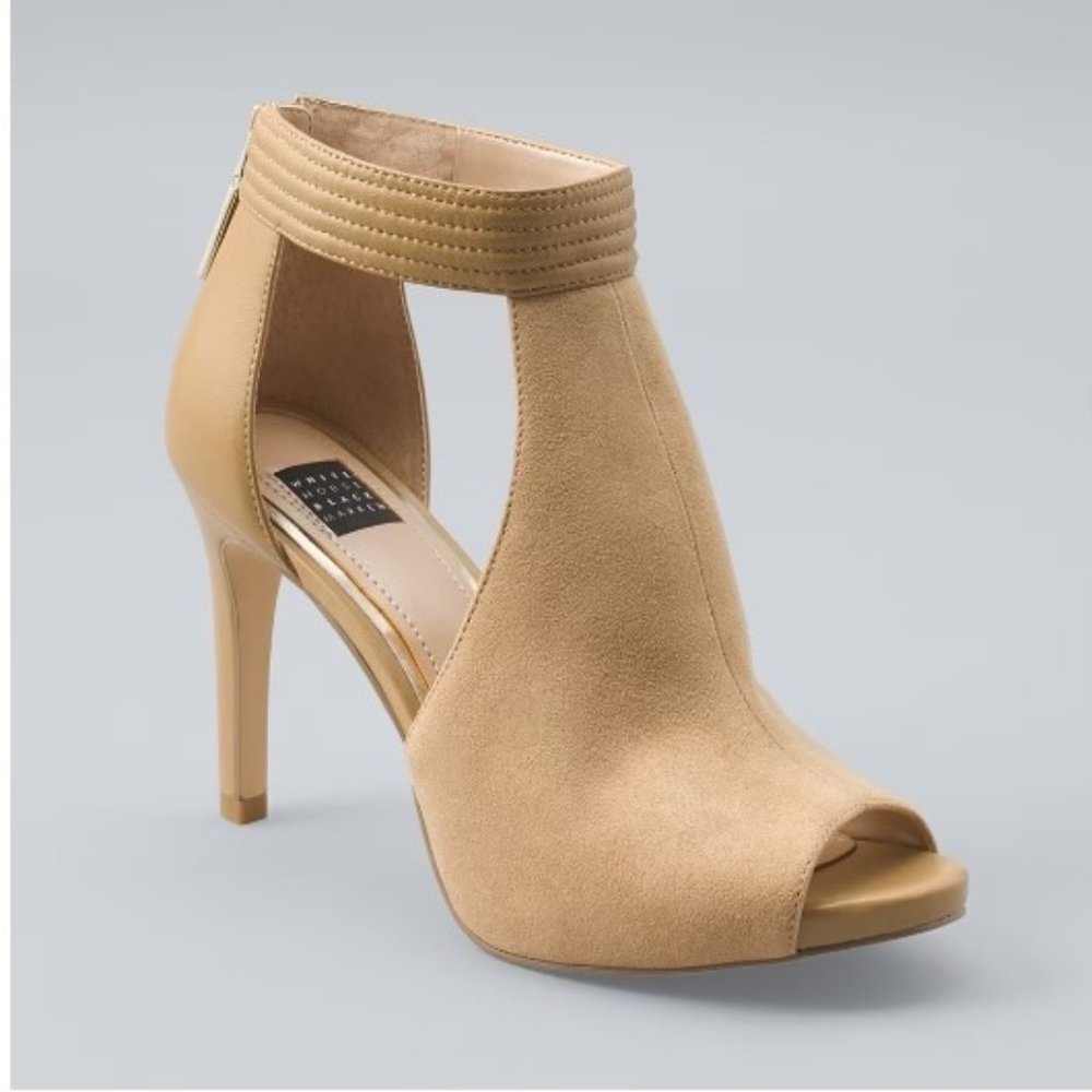 WH|BM Adley Tan Suede Leather Peeptoe Booties Heels